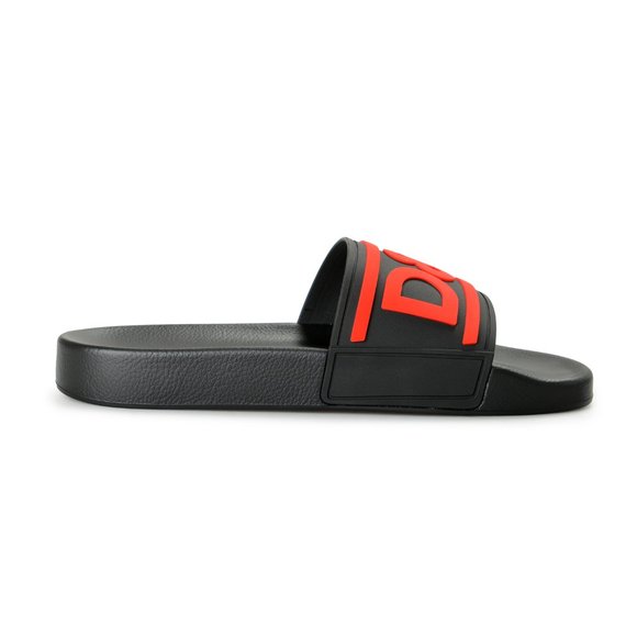 Dolce & Gabbana Men\'s Black & Red Logo Print Rubber Flip Flops Sandals Shoes
